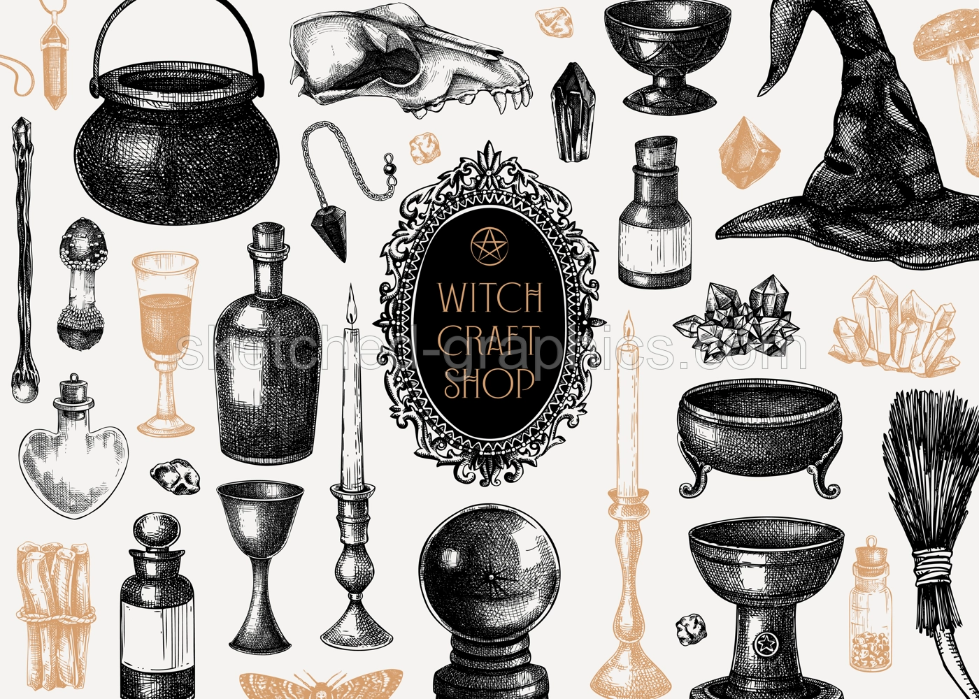 Bohemian style witchcraft background. Vinatge Halloween sketches. Hand-drawn vector illustration. Antique apothecary design on chalkboard. Witchcraft shop banner. NOT AI generated Illustration